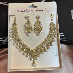 Paxuan Gold and Rhinestone necklace and earrings